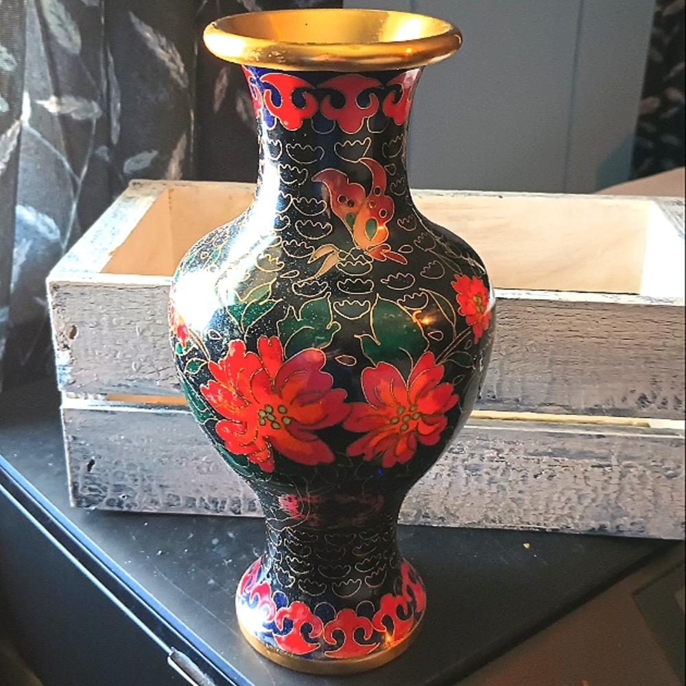 Cloisonne style Floral Vase with Gold Accents Vintage